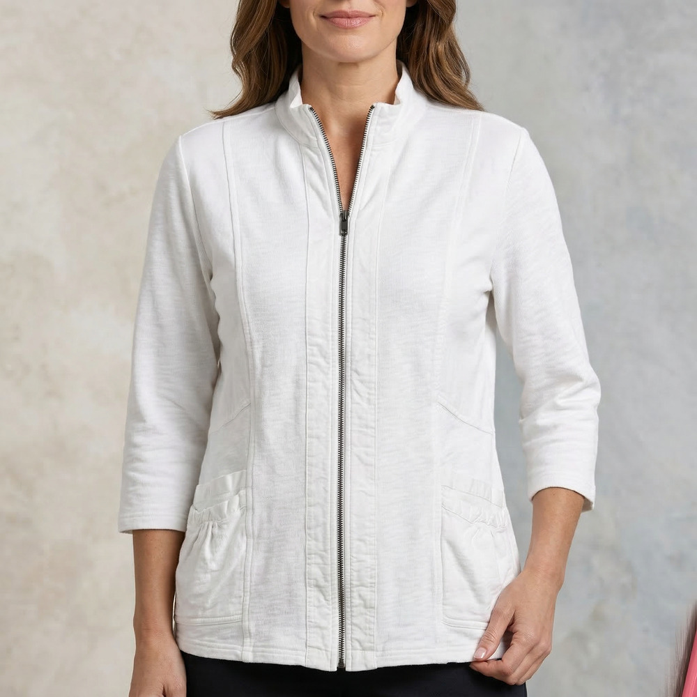 Chico's Zenergy Women's Jacket White Full Zip Coastal Grandma Pockets Size 3 XL